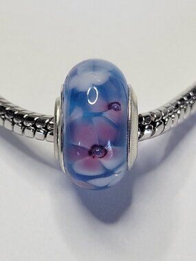 NWT Stunning S925 Blue Pink Purple Floral Murano Glass Charm Bead For Pandora